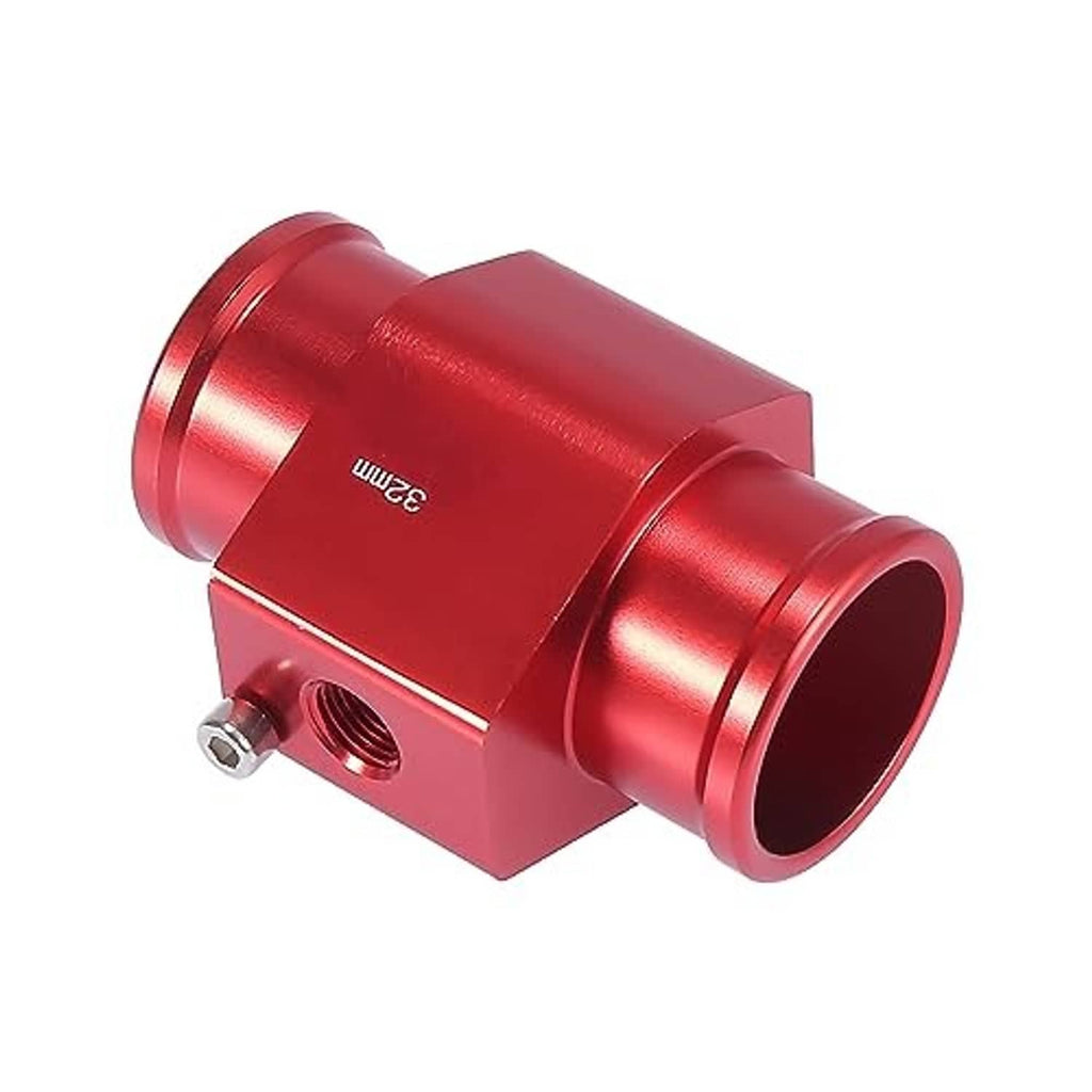 Red aluminum 32mm hose adapter with side mounting hardware and threaded sensor port