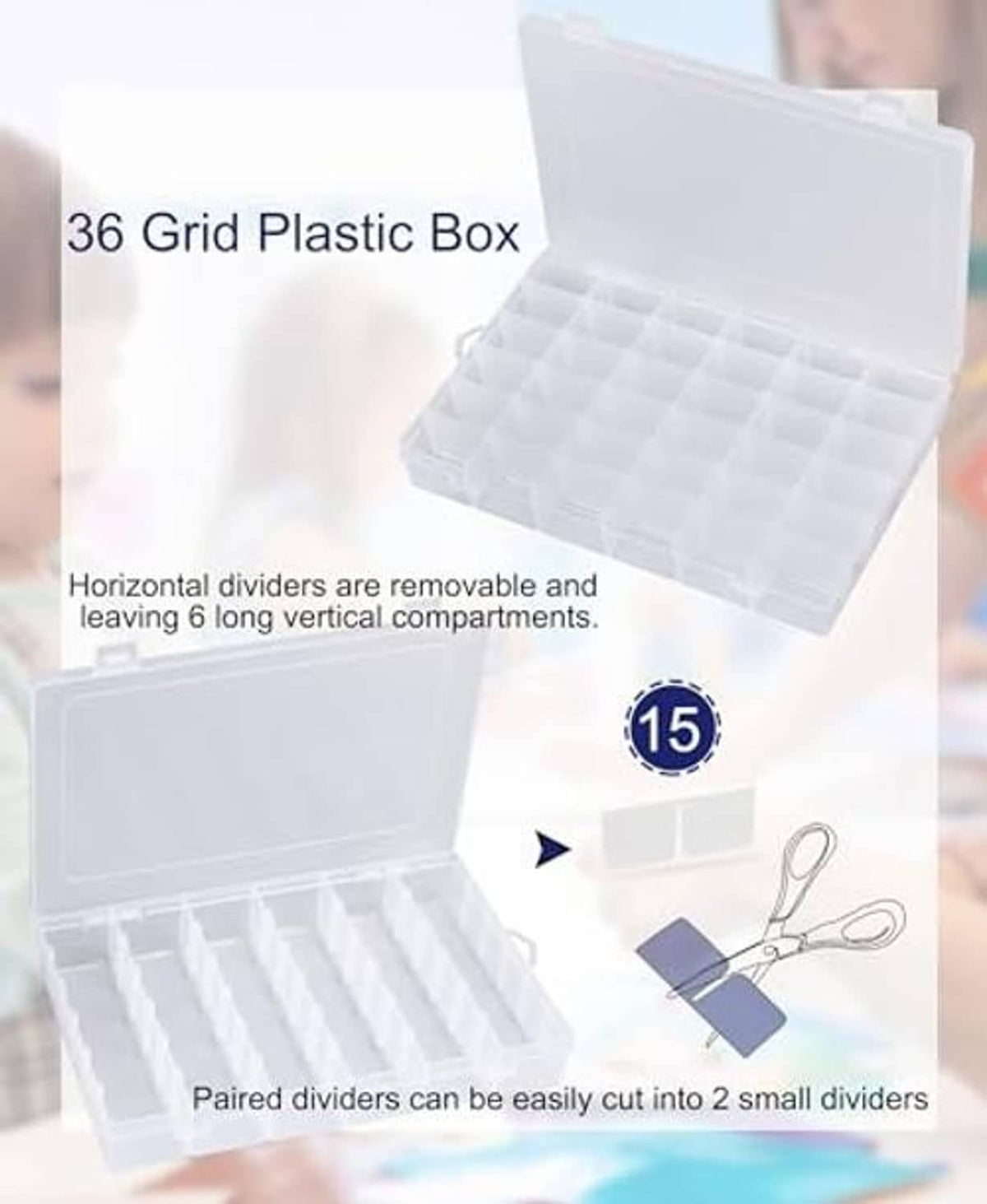Clear 36-grid organizer with removable dividers for long vertical compartments