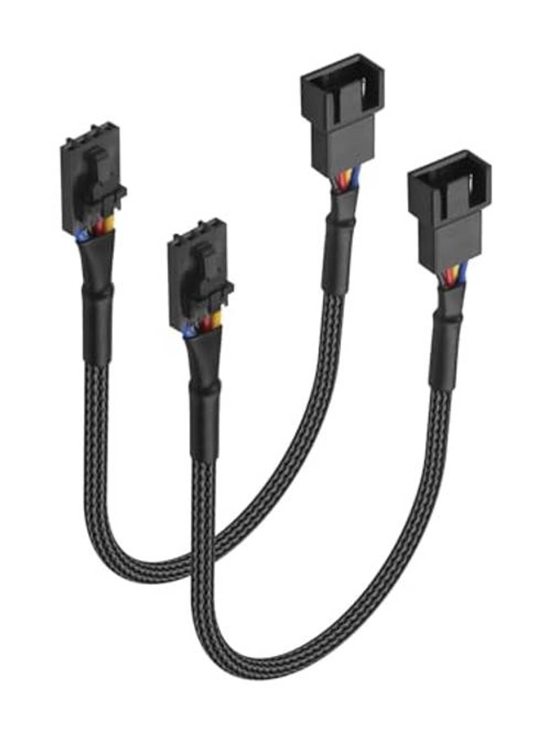 Black 4-pin PWM fan locking adapter cable with braided leads and three black locking plugs