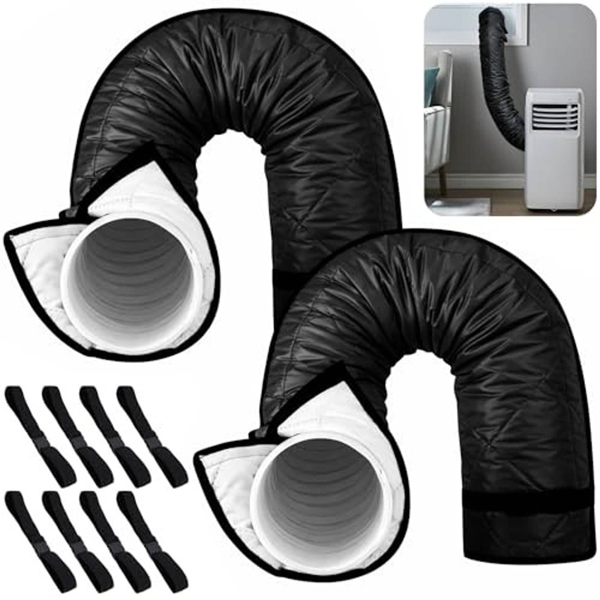 Set of 2 black quilted AC hose insulation covers with white inner openings and straps