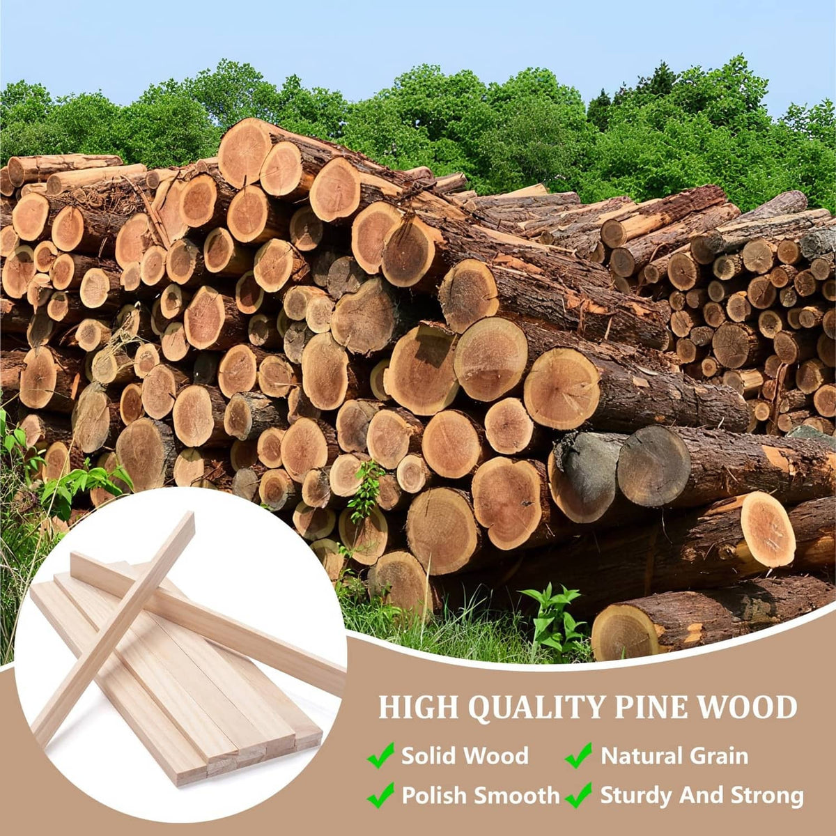 Natural pine wood dowel sticks and slat strips, solid timber craft pieces