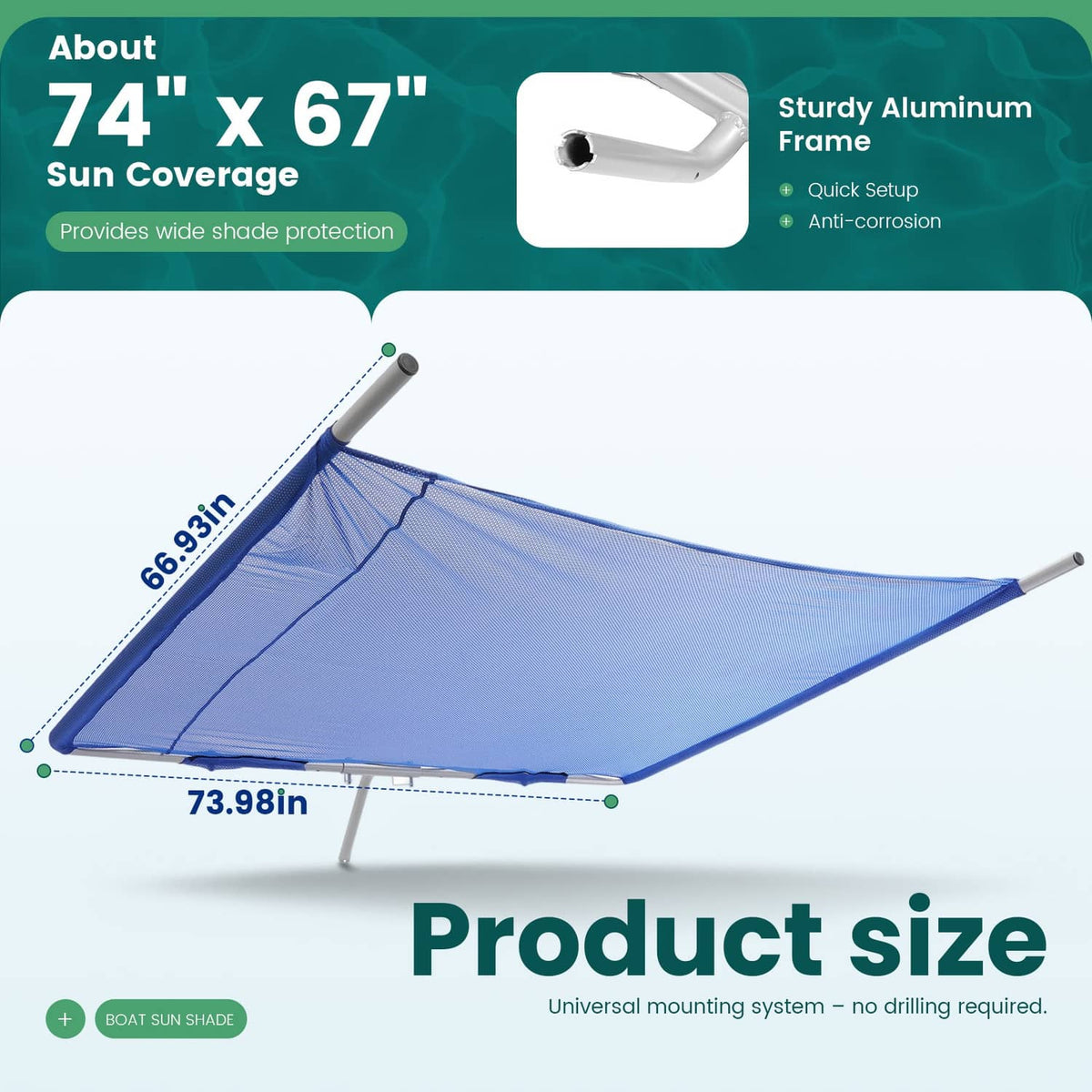 Blue boat sun shade with white frame showing wide coverage