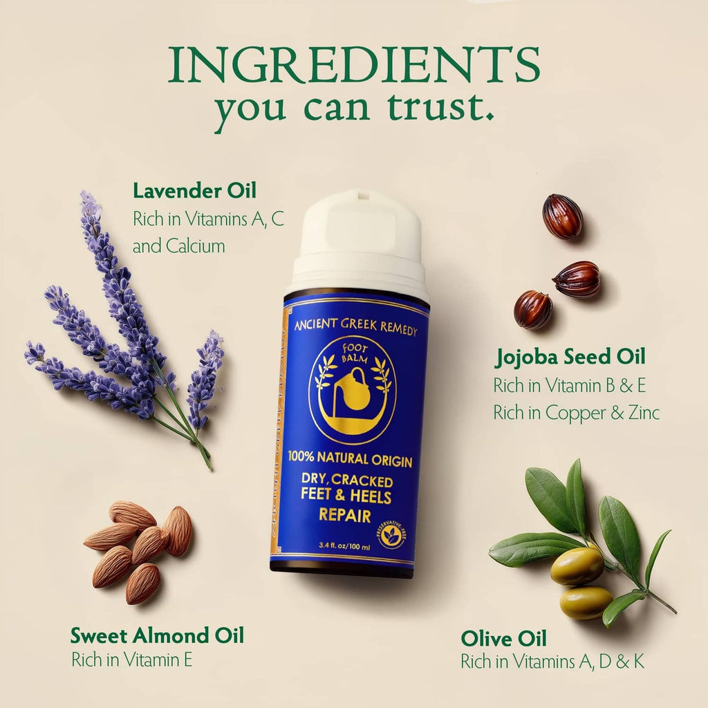 Foot balm bottle with lavender oil, sweet almond oil, jojoba seed oil, and olive oil.