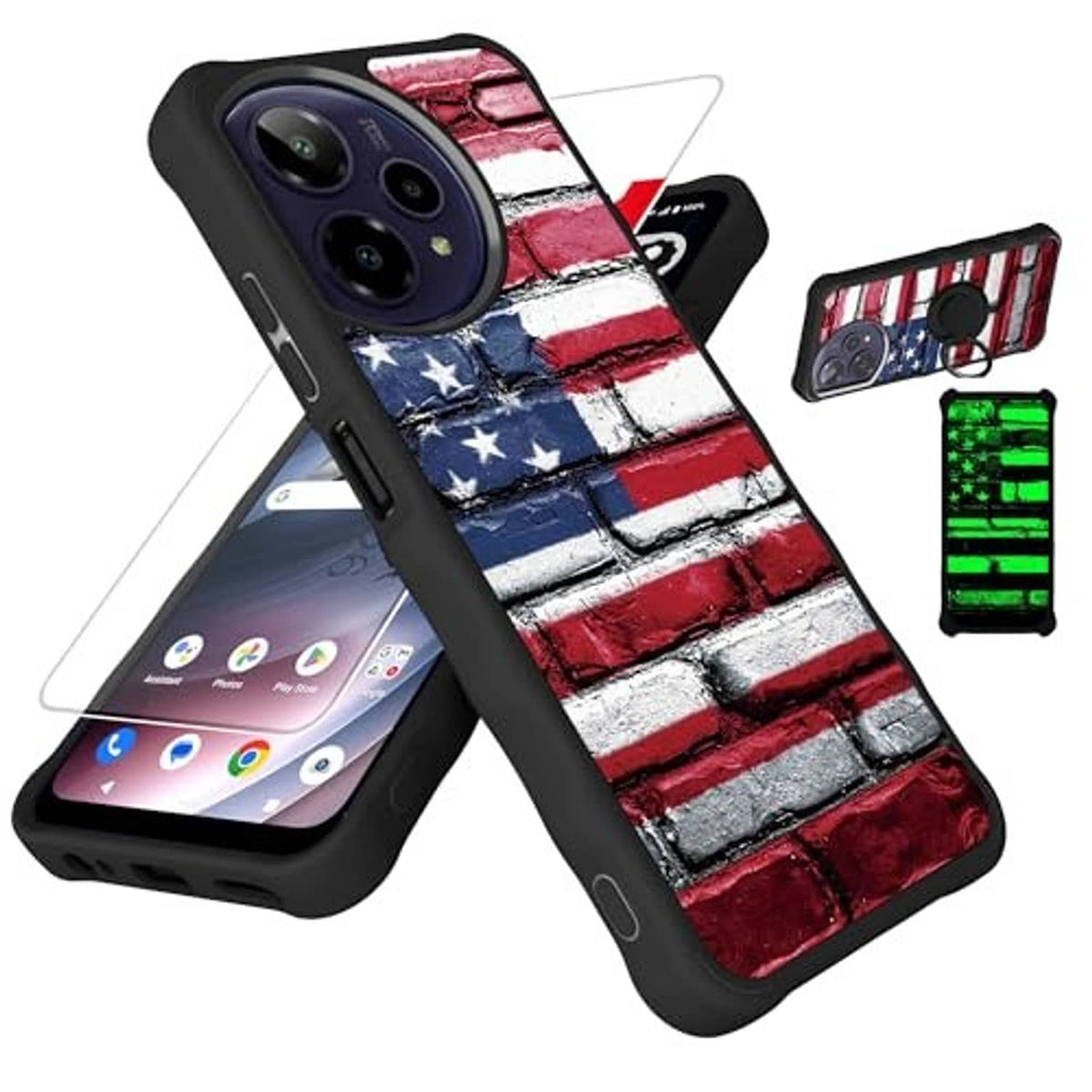 Rugged black phone case with American flag brick print and rear camera cutouts