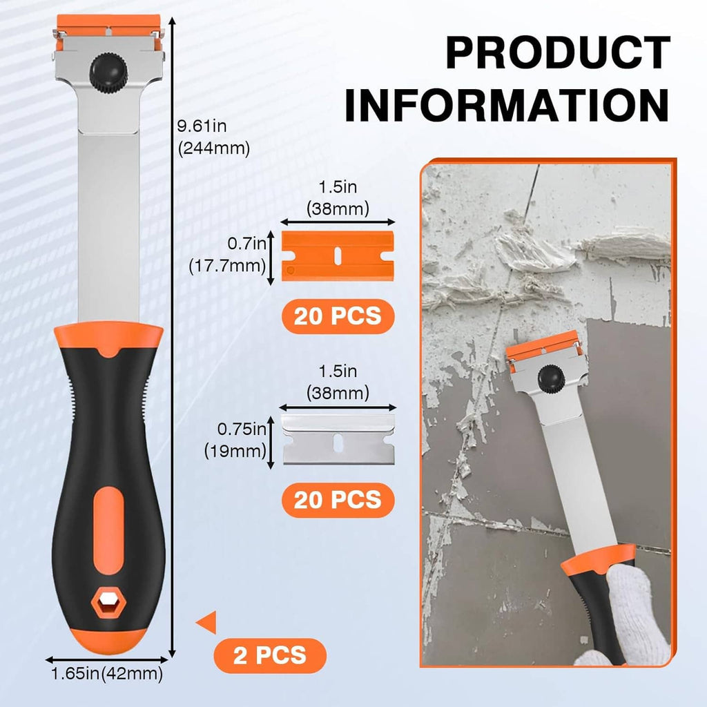 Razor scraper tool with black handle, orange accents, and replacement blade pieces