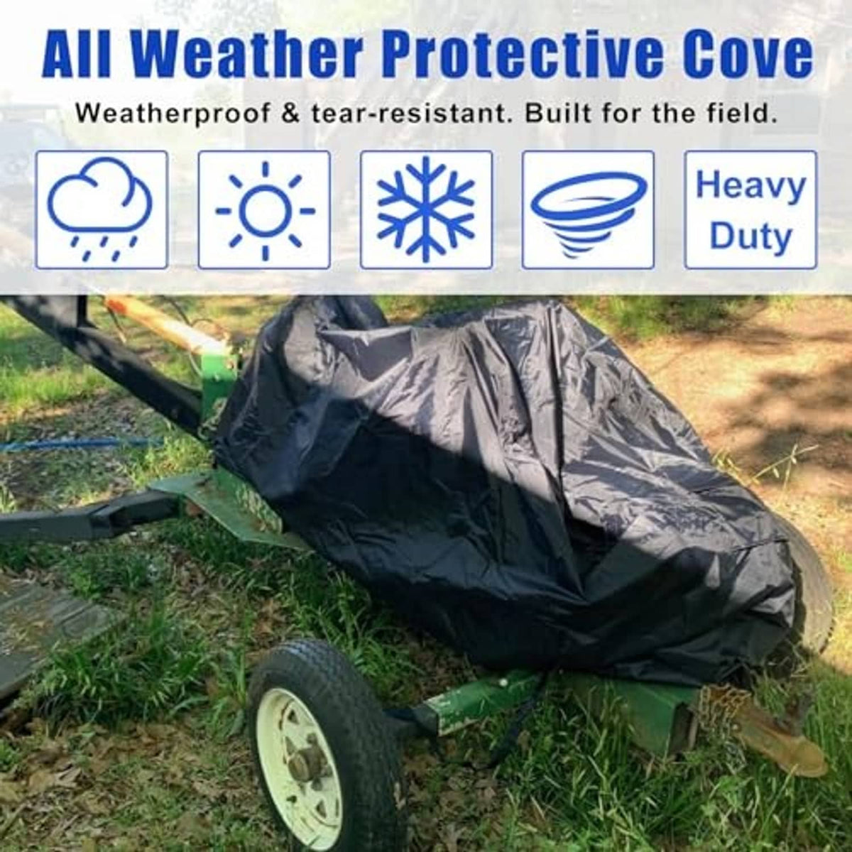 Black heavy-duty log splitter cover with tight domed hood over tires