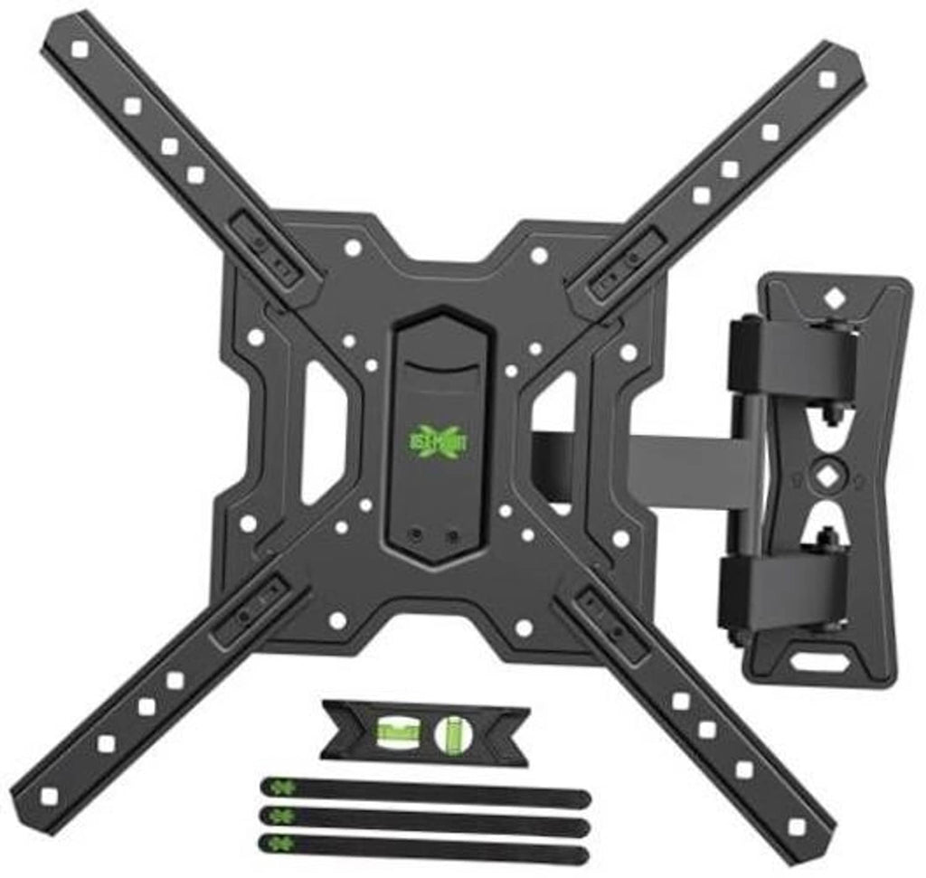 Black full-motion TV wall mount with swivel and articulated arms, plus hardware pieces