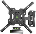 Black full-motion TV wall mount with swivel and articulated arms, plus hardware pieces