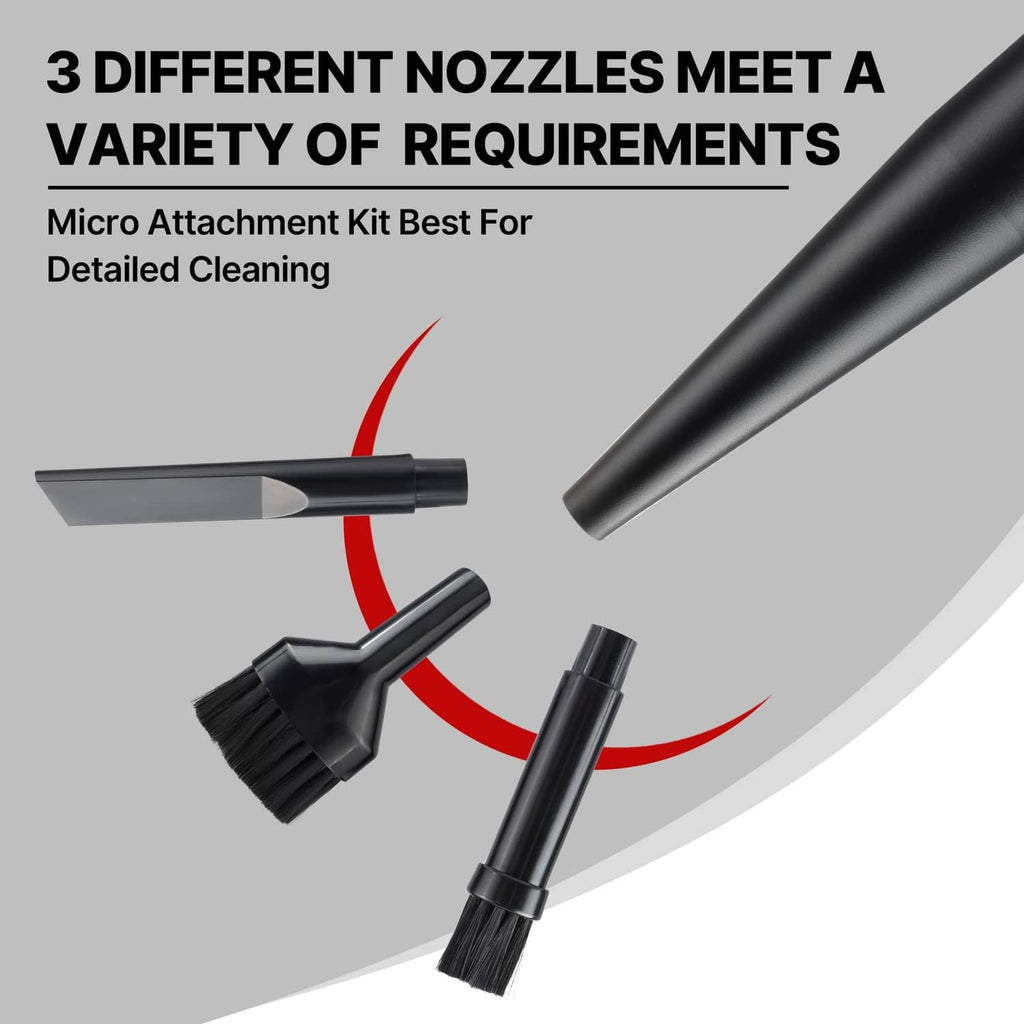 Black micro nozzle kit with three cleaning heads: flat, brush, and angled crevice tips