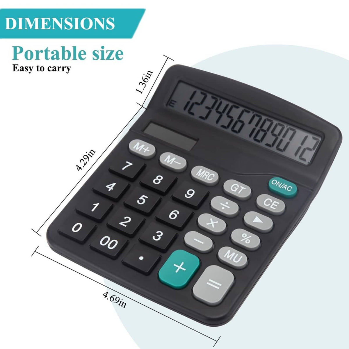 Black portable desk calculator with large LCD display and compact keypad layout