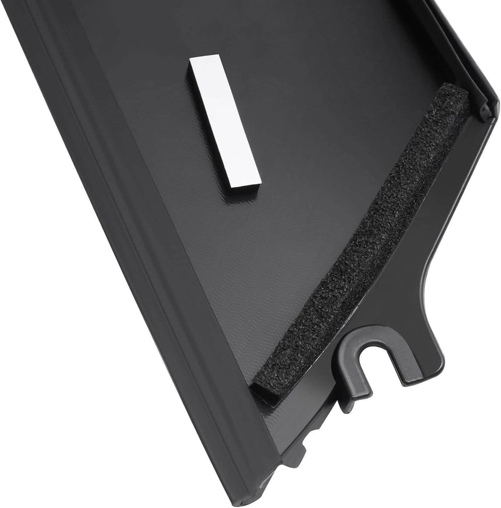 Windshield pillar trim molding, dark gray/black with foam seal and metal tab