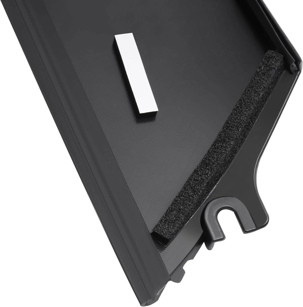 Windshield pillar trim molding, dark gray/black with foam seal and metal tab