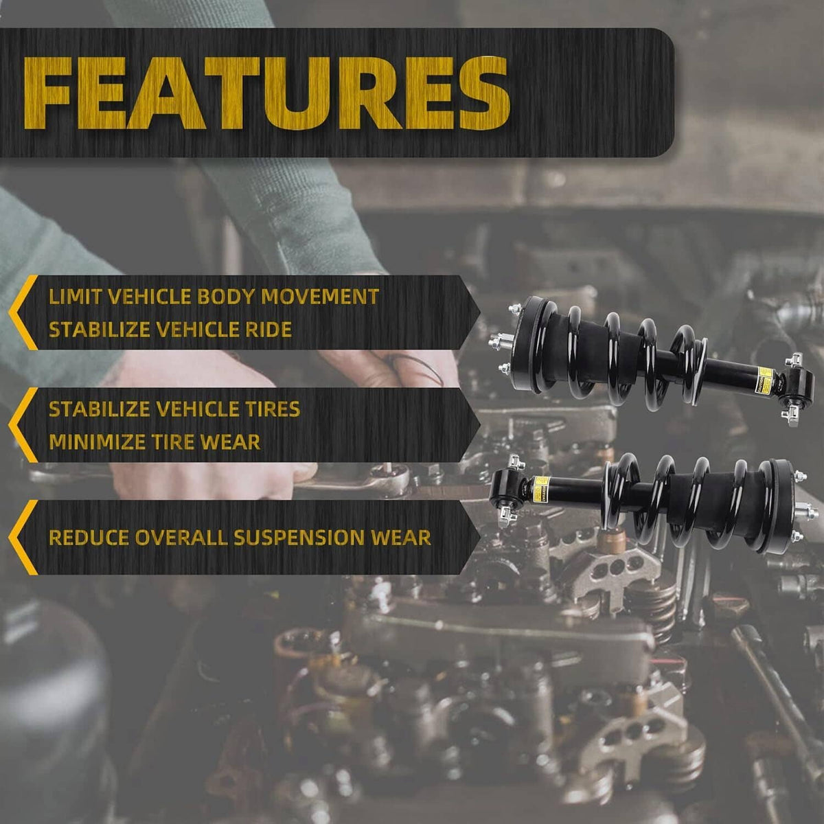 Front shock strut assemblies with coil springs and bracket components, black