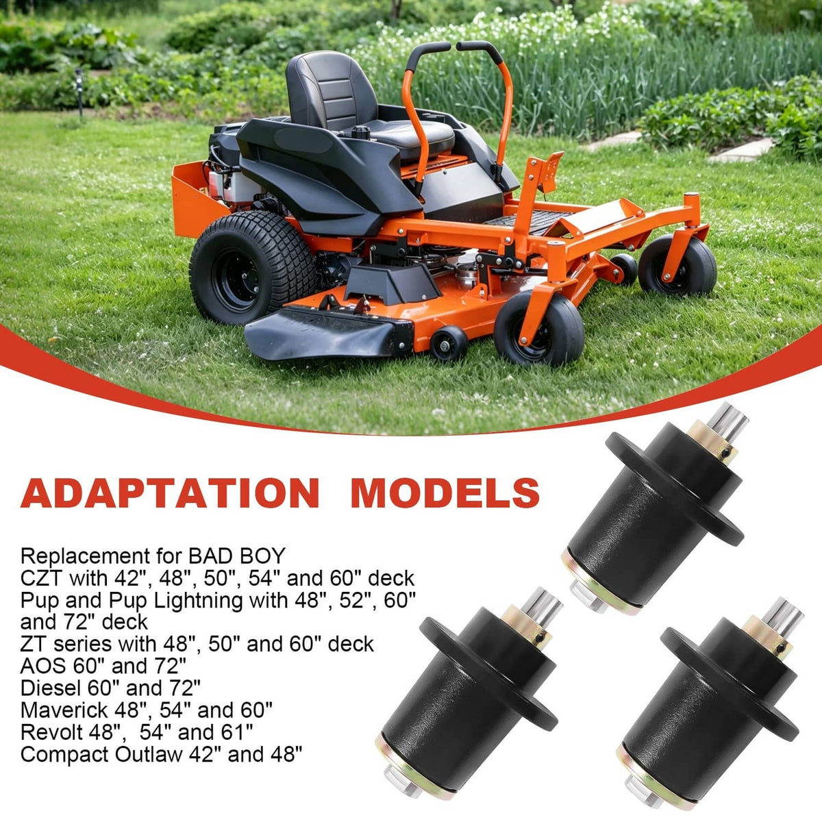 Black spindle deck assemblies shown with an orange riding lawn mower