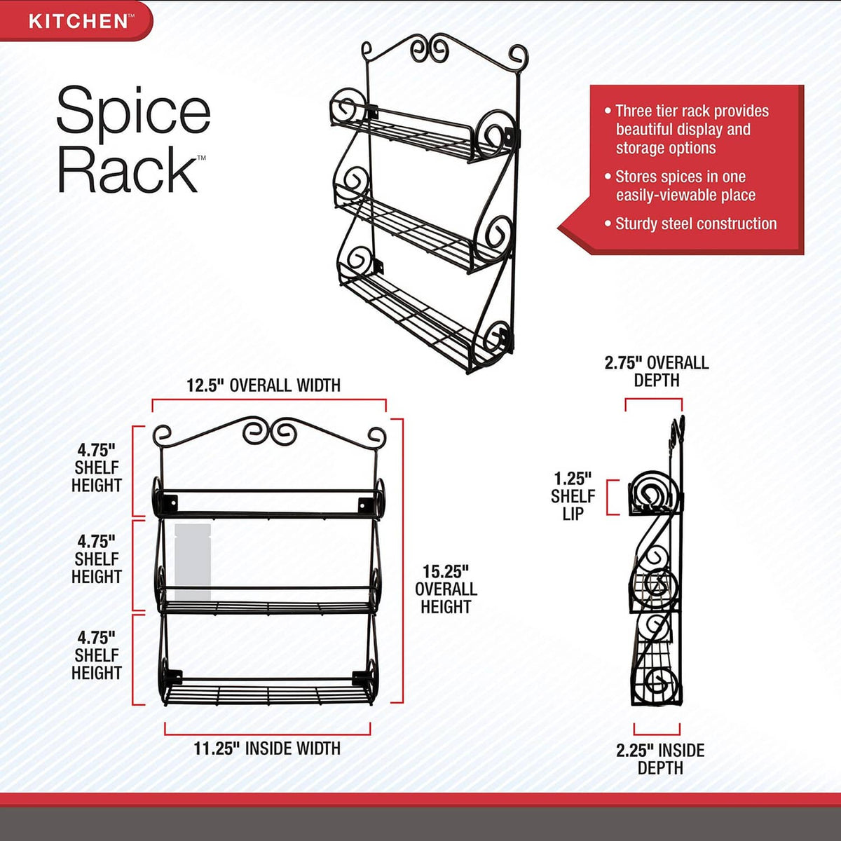Black wall-mounted spice rack with three shelves; dimensions diagram on the page.