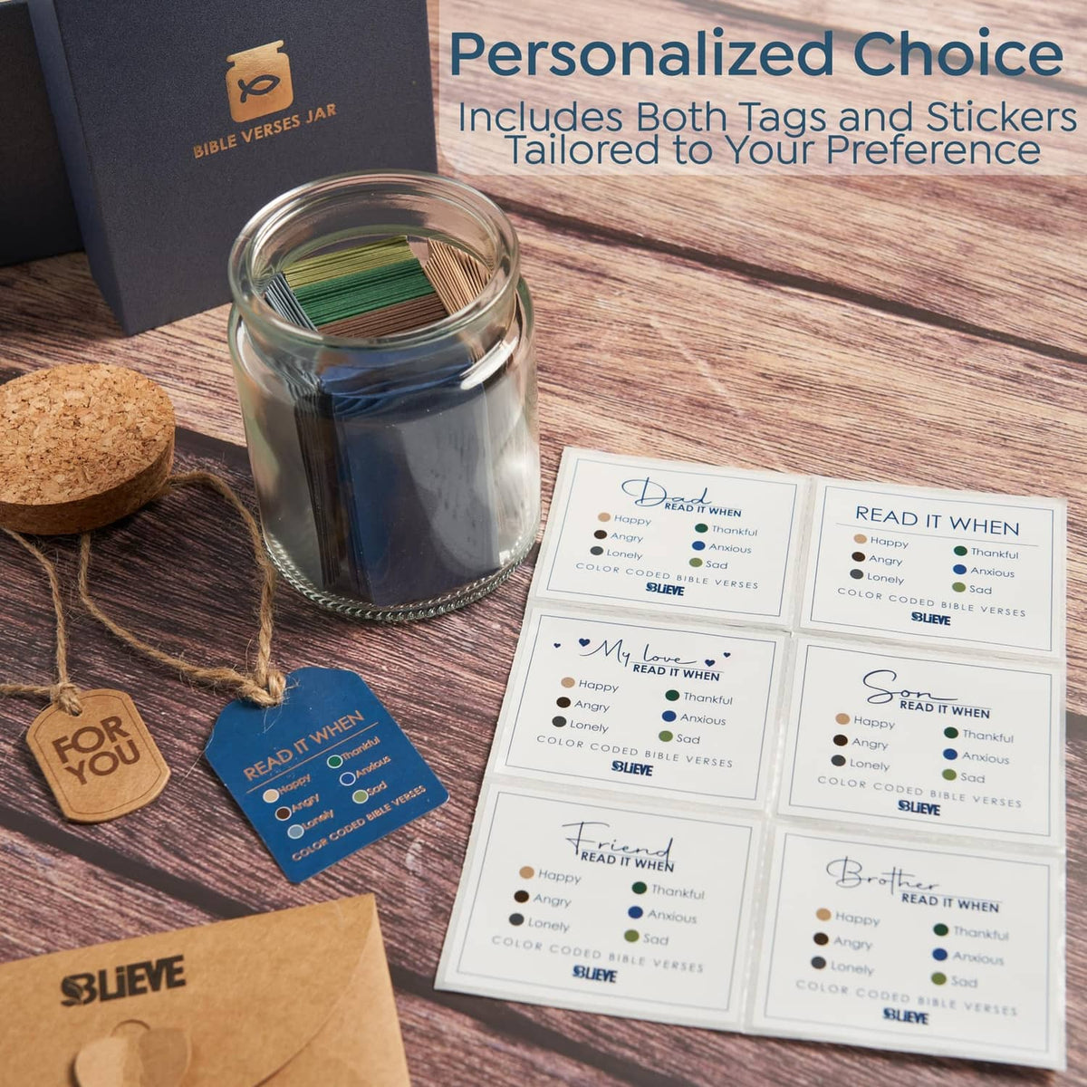 Personalized Bible verse jar gift set with included choice tags and sticker sheet.