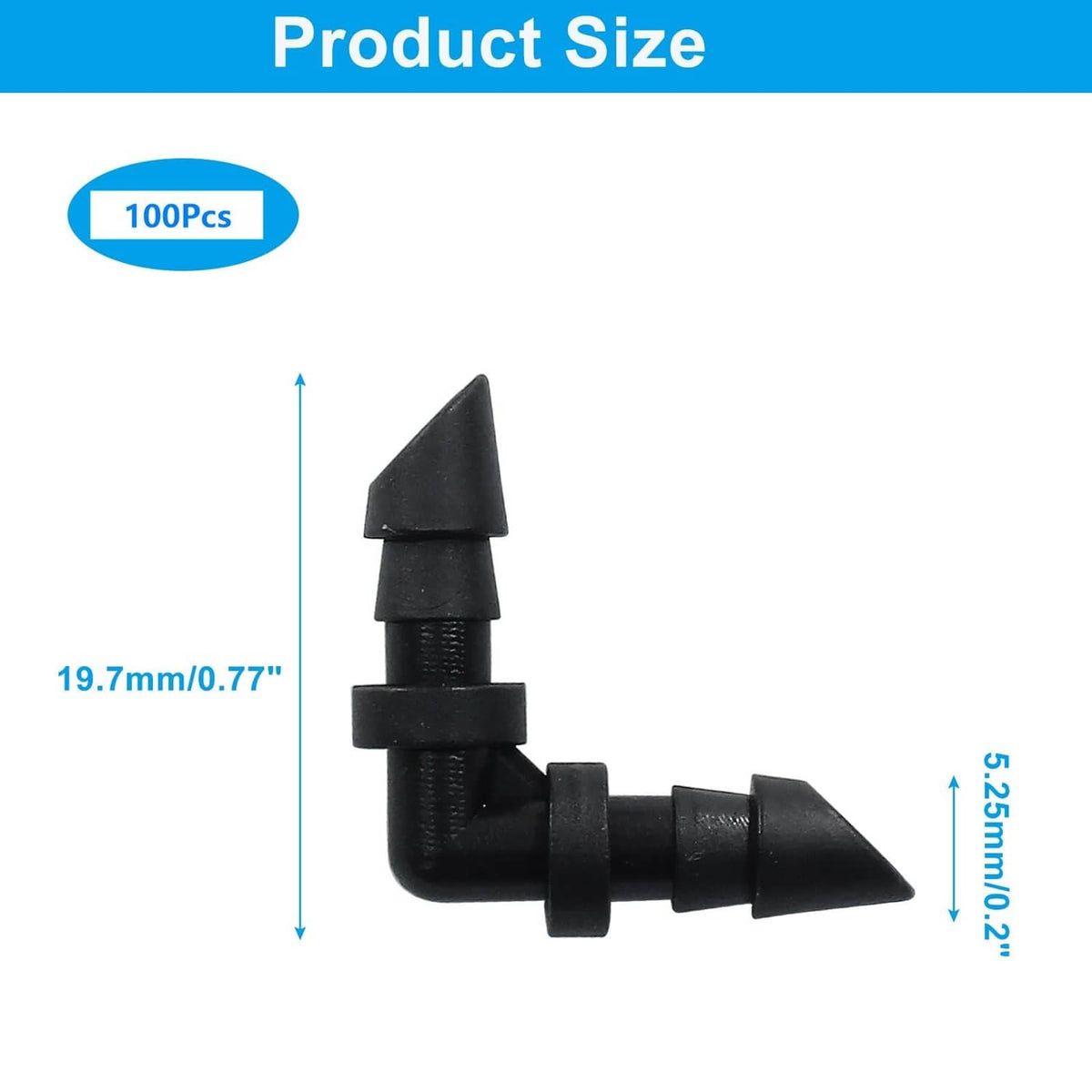 Black 1/4 in barbed drip elbow coupling fitting with angled nozzle
