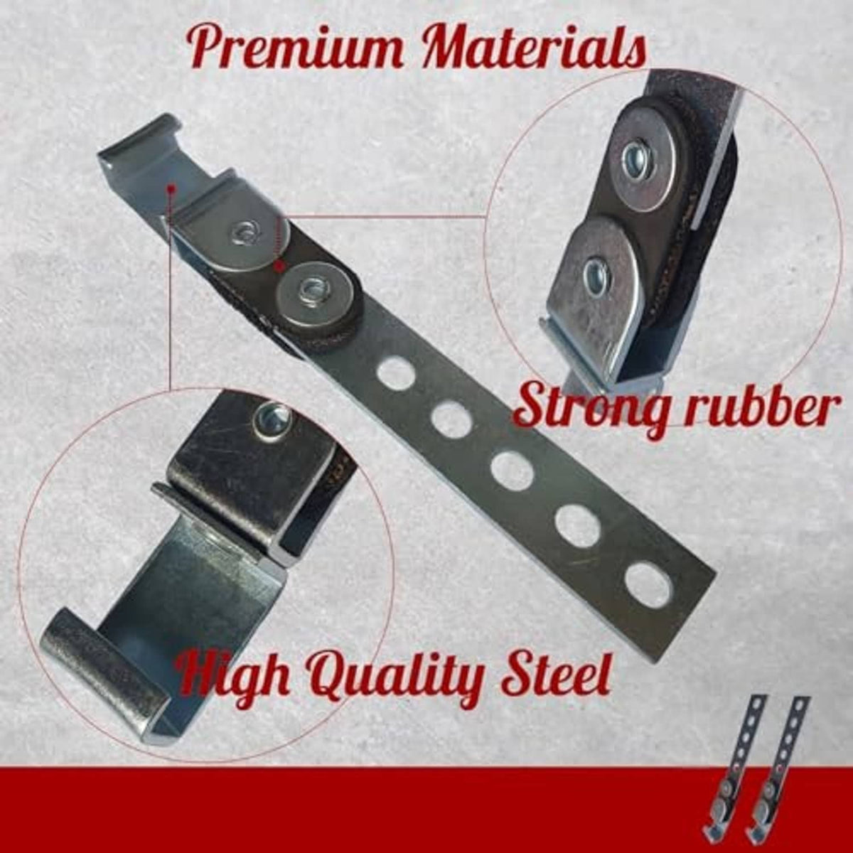 Exhaust hanger assembly with black rubber isolators on a perforated steel strap