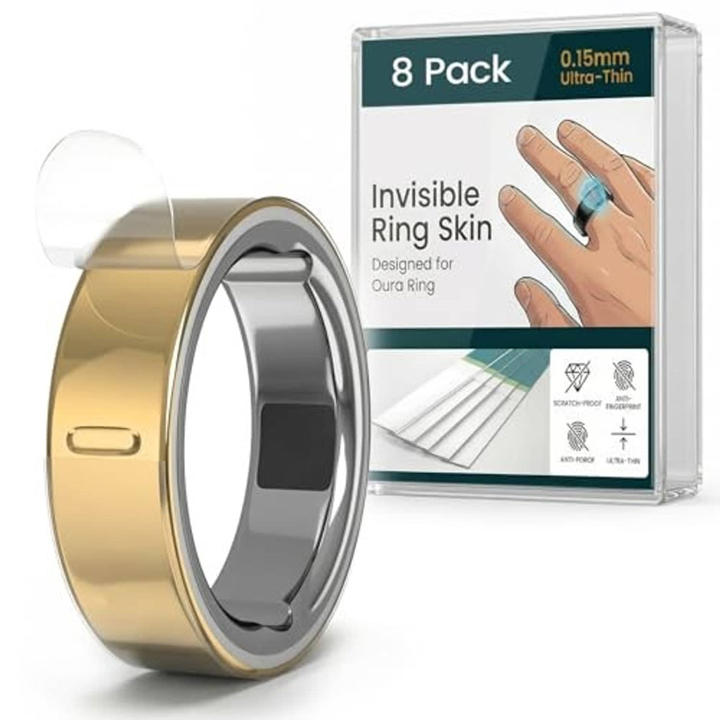 Ultra-thin clear ring skin cover, 8-pack, on a gold-tone ring band with clear seal