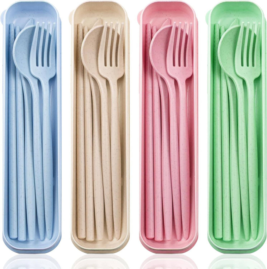 Reusable travel cutlery set in 4-slot case: blue, beige, pink, and green