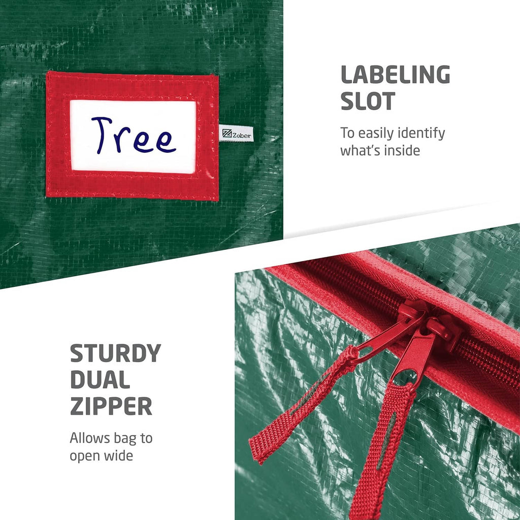Green Christmas tree storage bag with sturdy dual zipper and red label patch