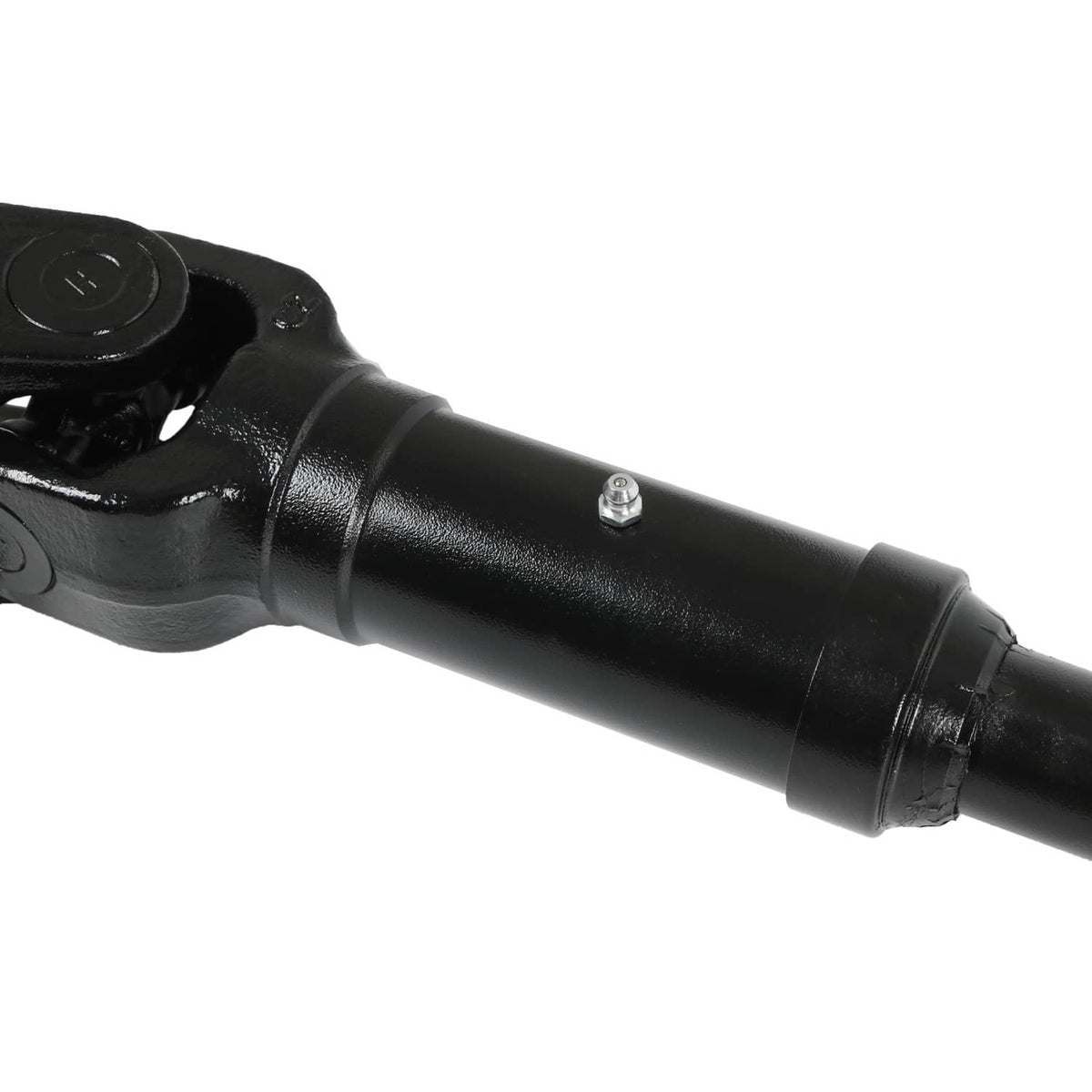 Front driveshaft prop shaft assembly with black U-joint yoke and metal mounting detail
