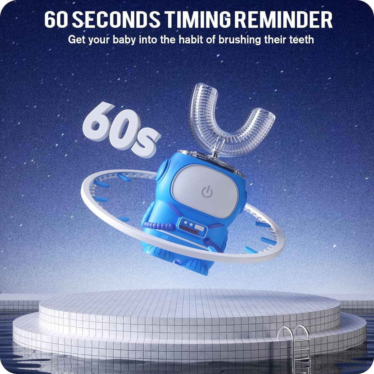 Blue U-shaped electric toothbrush on circular timer base