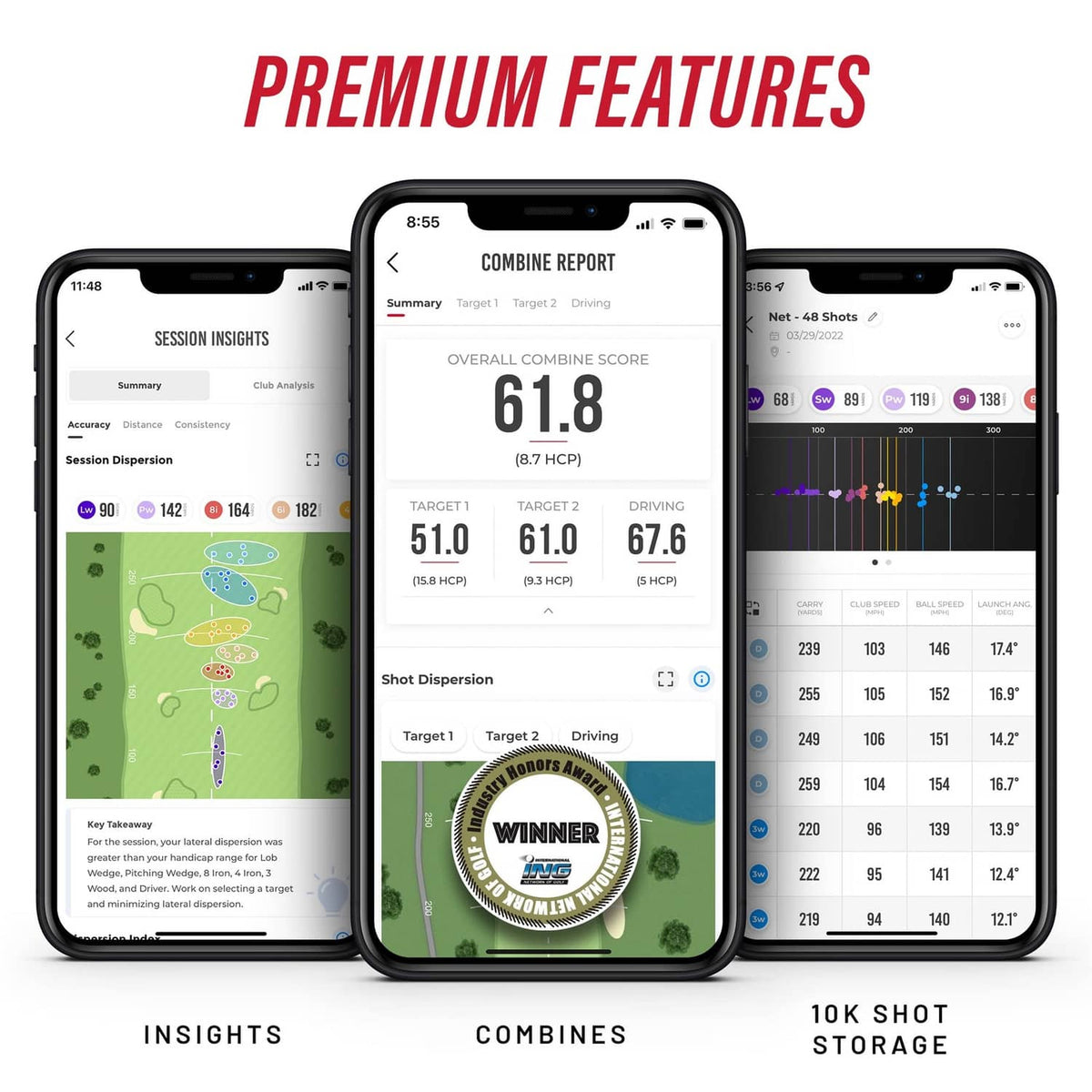 Mobile launch monitor app screens on three smartphones with combine and shot stats