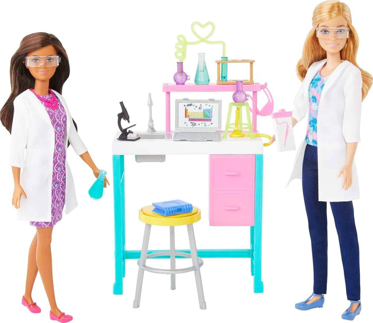 STEM science lab playset with two fashion dolls, lab coats and accessories