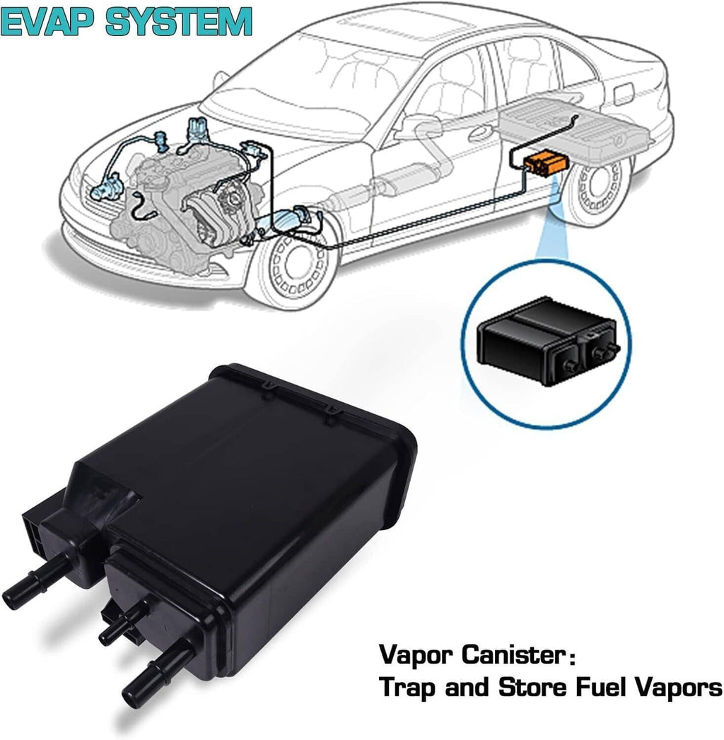 Black EVAP vapor canister with outlet ports and connected hose fittings