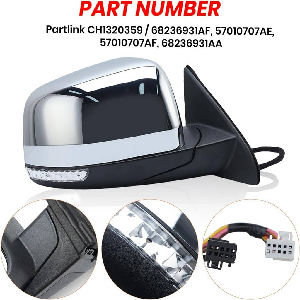 Passenger-side heated blind-spot mirror with manual fold, part number label and connectors