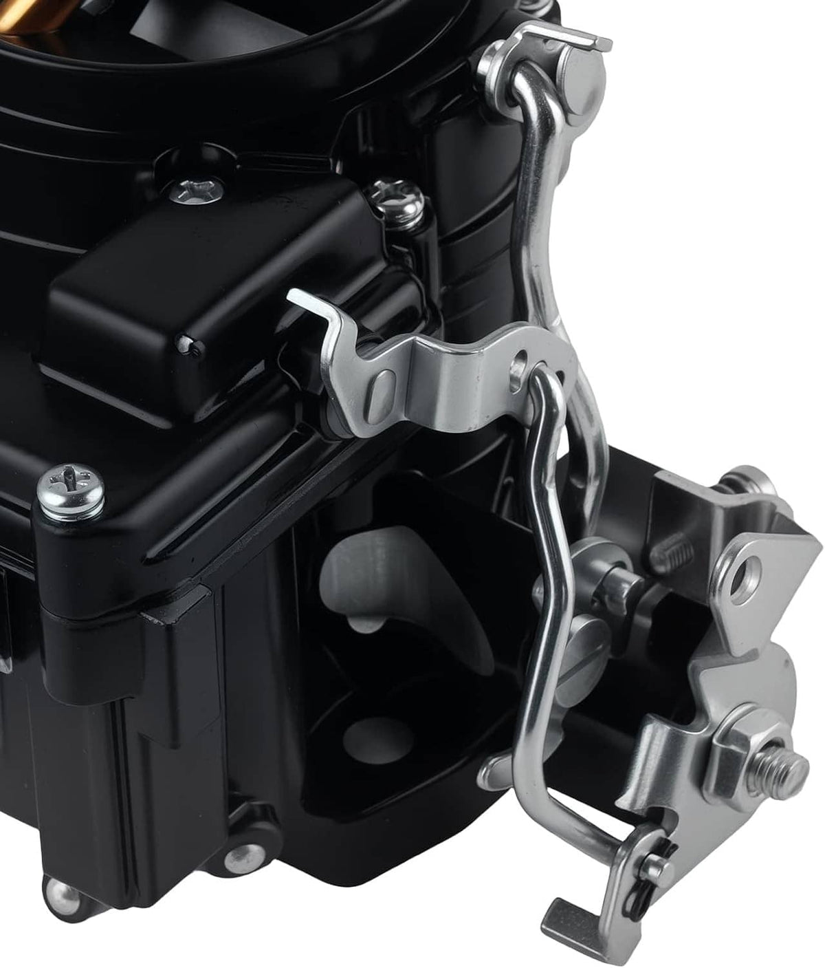 Marine carburetor choke linkage and mounting bracket on black engine part