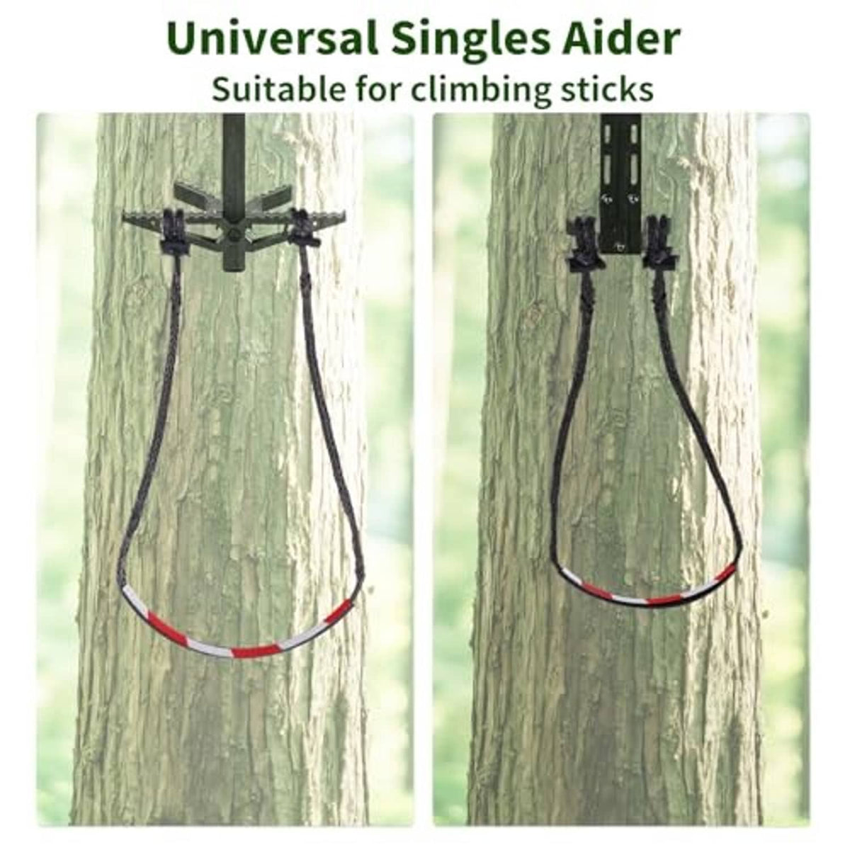 Single step aider rope loop with two black clamp mounts for climbing sticks, red trim