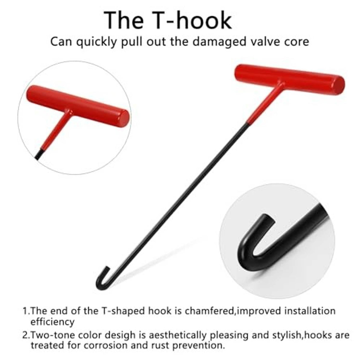 Tire valve tool with red T-shaped hook and black pull hook for removing a valve core
