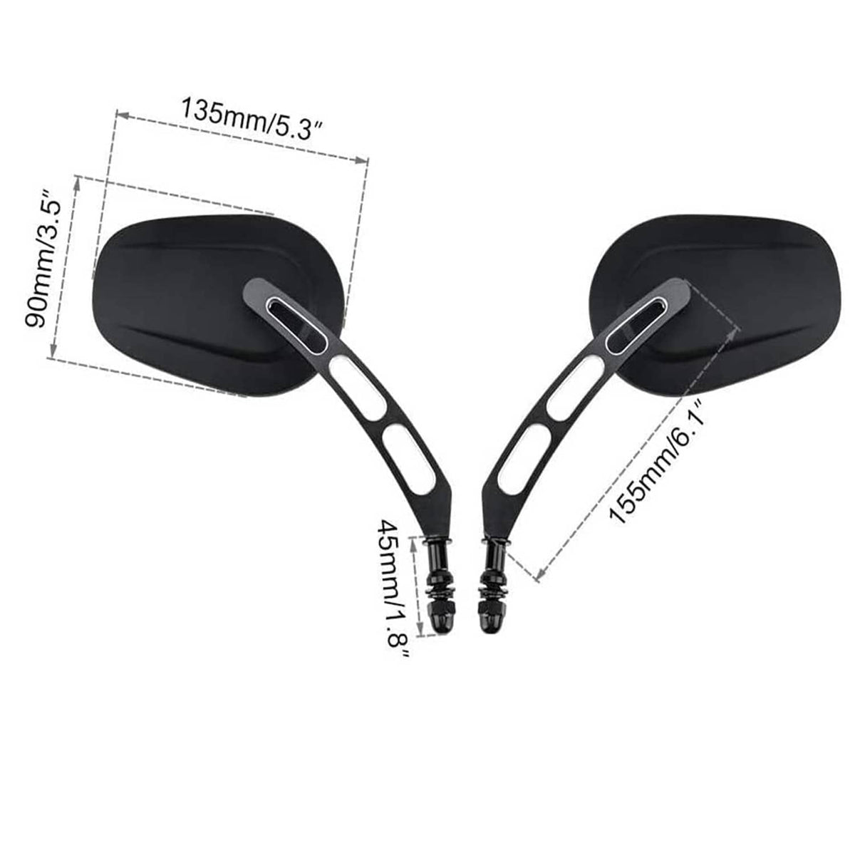 Black rear-view mirrors set, oval reflectors with slotted stems and mounting bolts