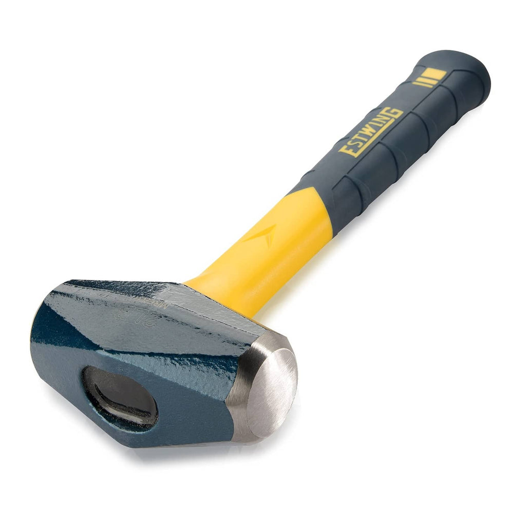 Estwing 2-lb sledge hammer with blue head and yellow fiberglass handle, angled view