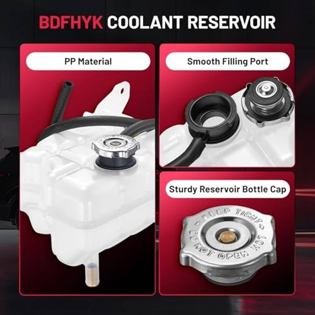 Engine coolant reservoir assembly with cap and black hose, white plastic