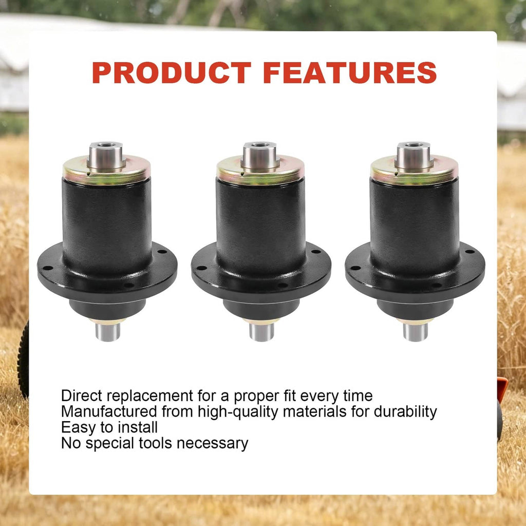 Three black spindle assemblies with silver axle shafts and base mounting plates