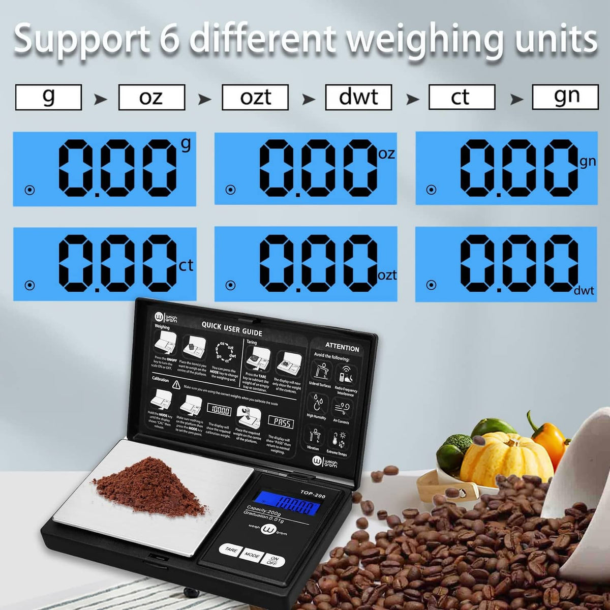 Black pocket scale display showing 0.00 units with blue backlit digits