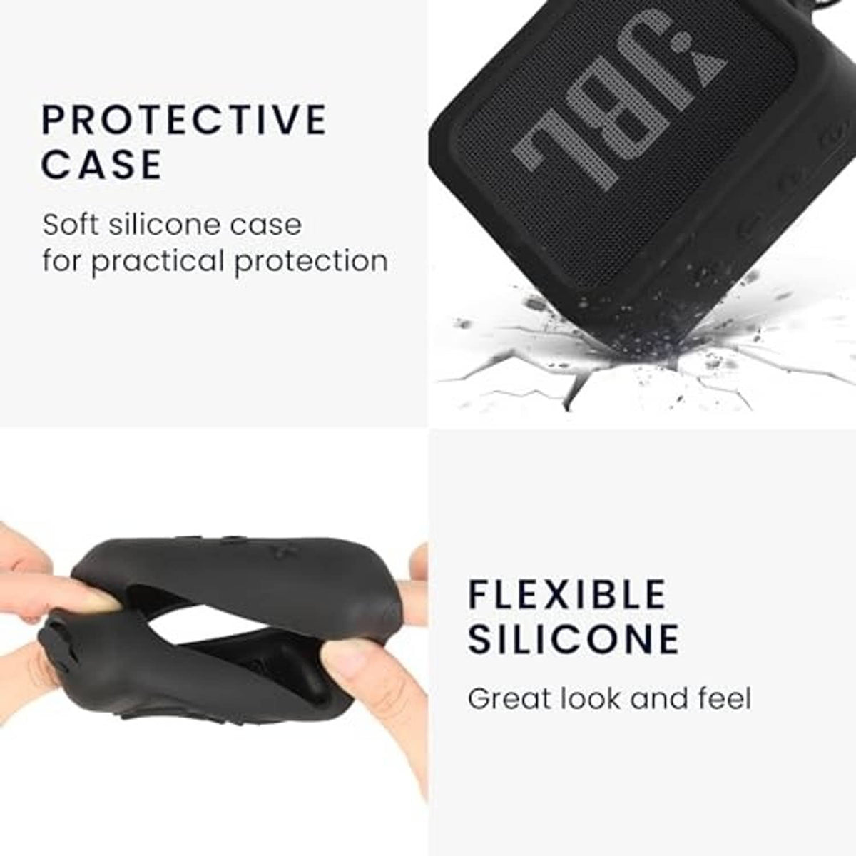 Black flexible silicone speaker case, molded for secure mini speaker protection