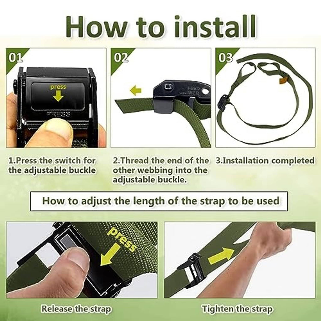 Olive webbing replacement strap with adjustable buckle, shown threading and tightening