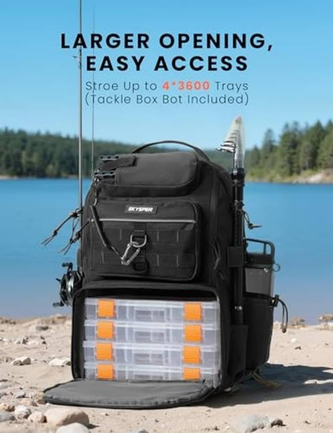 Black fishing tackle backpack with open front compartment and clear tackle tray
