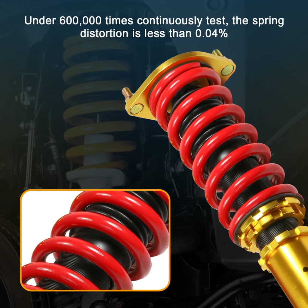 Close-up gold coilover strut with red spring coils and top reservoir mount