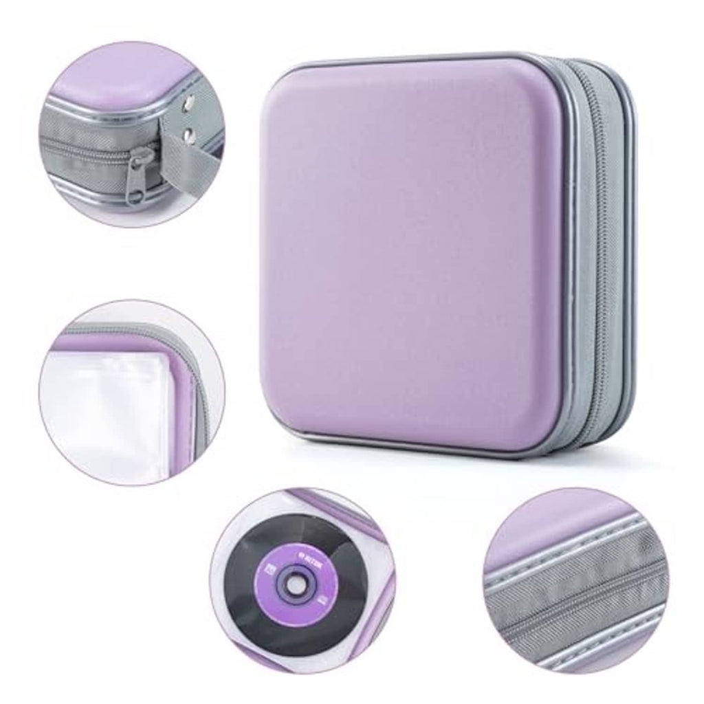 Lavender hard CD/DVD case with zipper, gray trim, and clear inner pocket