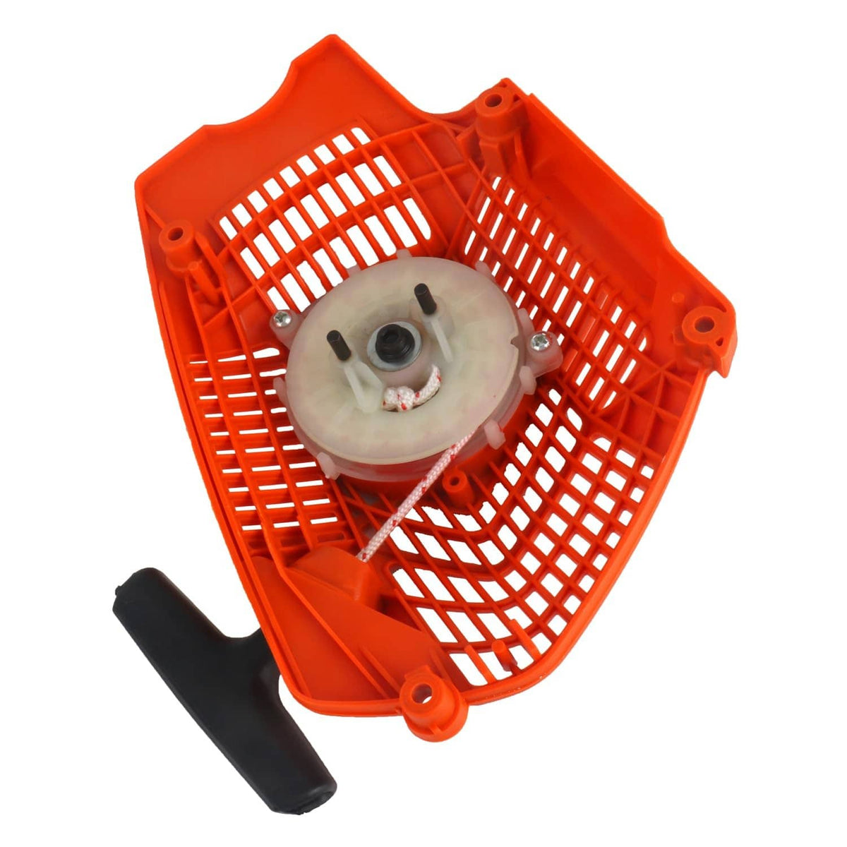 Orange recoil starter cover with visible recoil spring housing and black pull handle