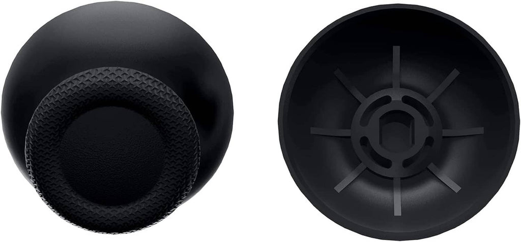 Black thumbstick caps with textured tops; view of underside cross-shaped socket
