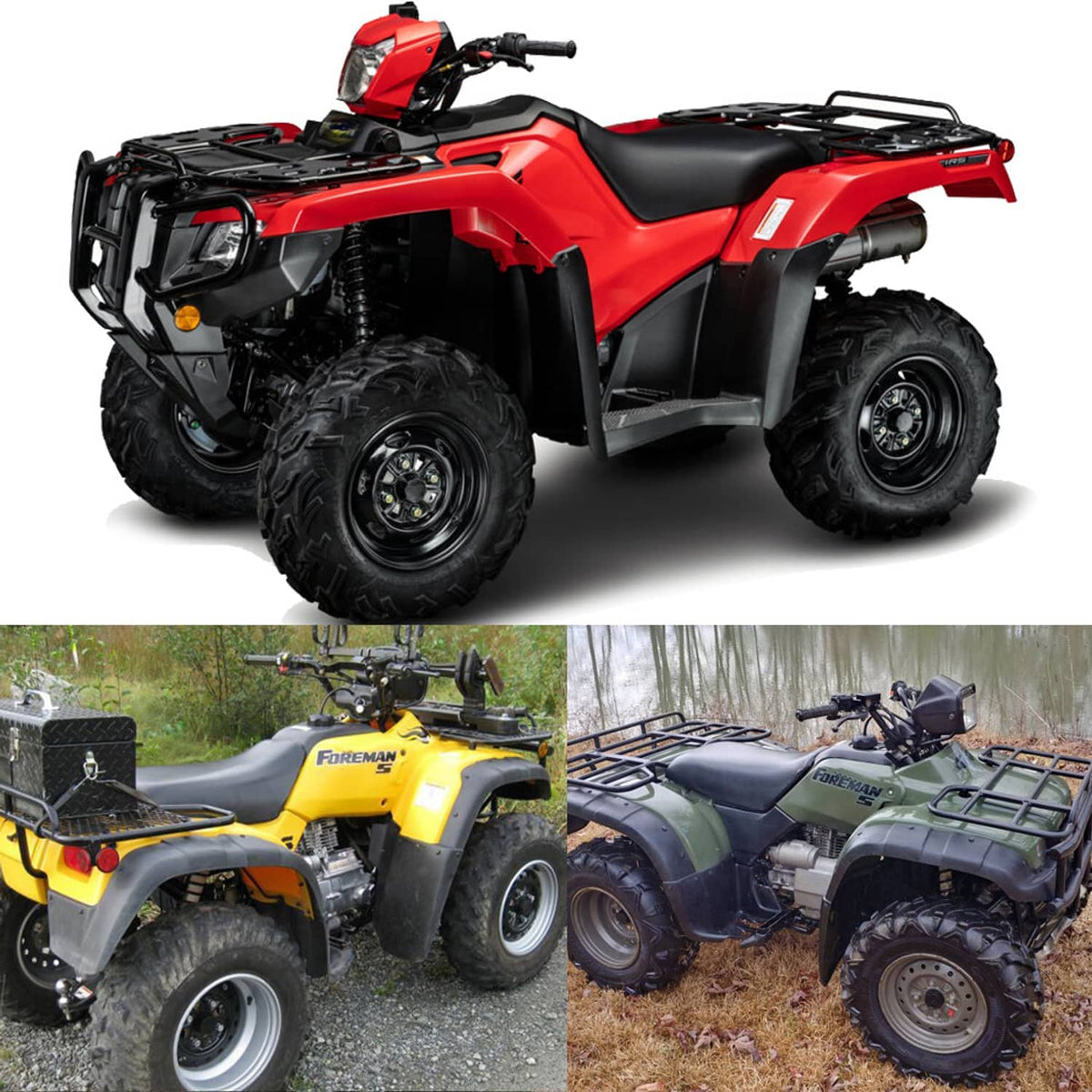 Black ATV seat on a red quad with front storage rack