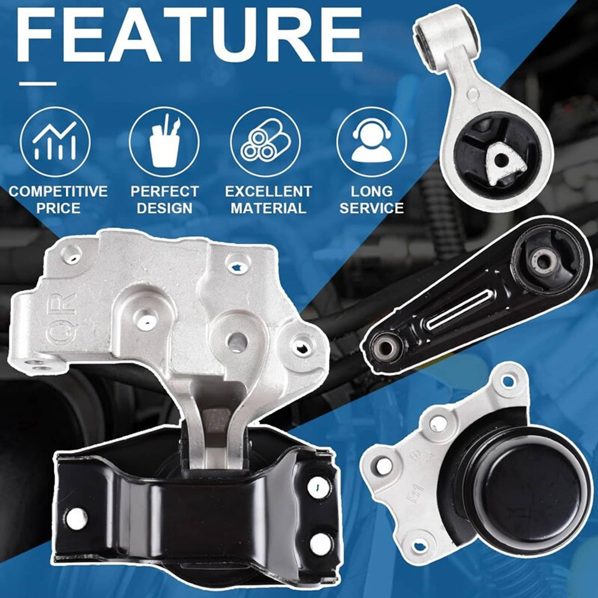 Mount set feature graphic with metal brackets and black rubber bushings