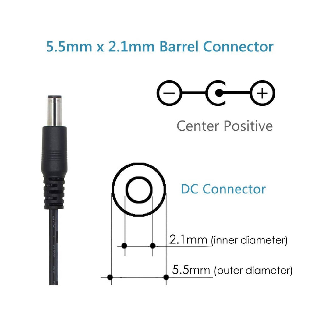 5.5mm x 2.1mm DC connector diagram, center positive polarity