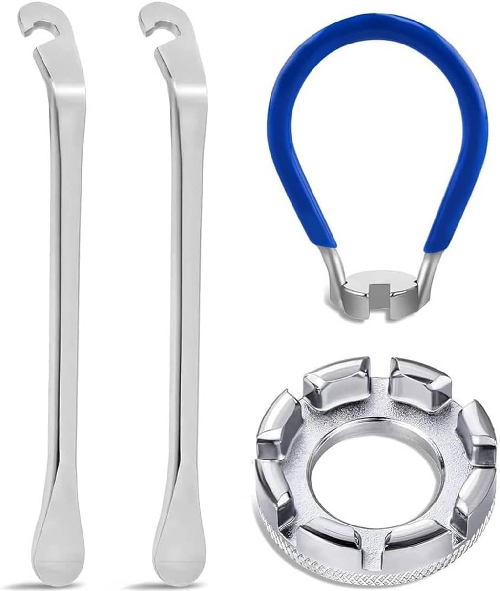 Bicycle spoke wrench set with two silver wrenches and blue ring-shaped tool
